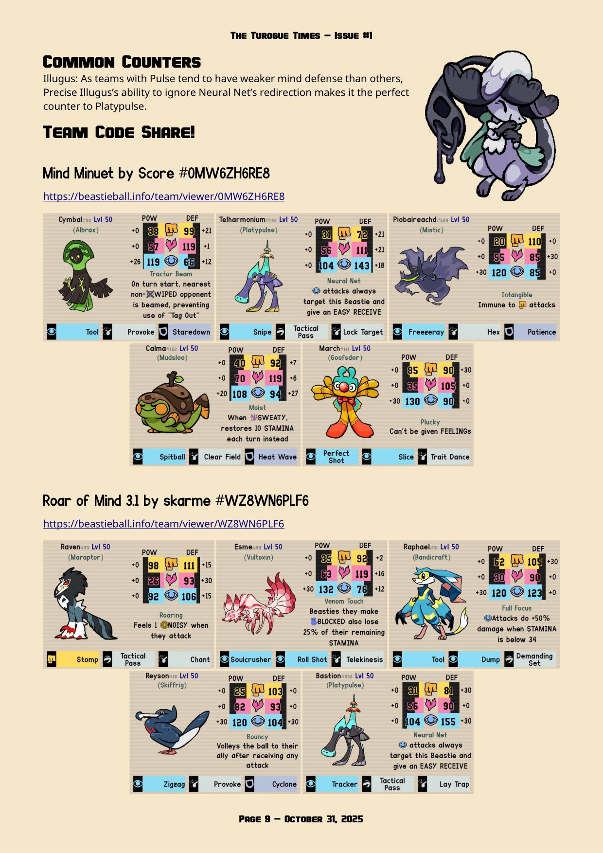 Page 9 of the Turogue Times, a Beastieball newsletter. This page is the Hot Highlights, showing 2 sample teams related to recent discussion in the PvP Laboratory on the Wishes Discord. For a more screen reader friendly format, please see the PDF download above.